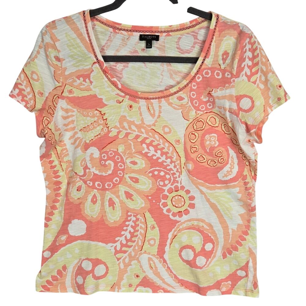 Talbots Paisley Floral Cotton Tee Women LP Peach Pink Excellent Short Sleeve